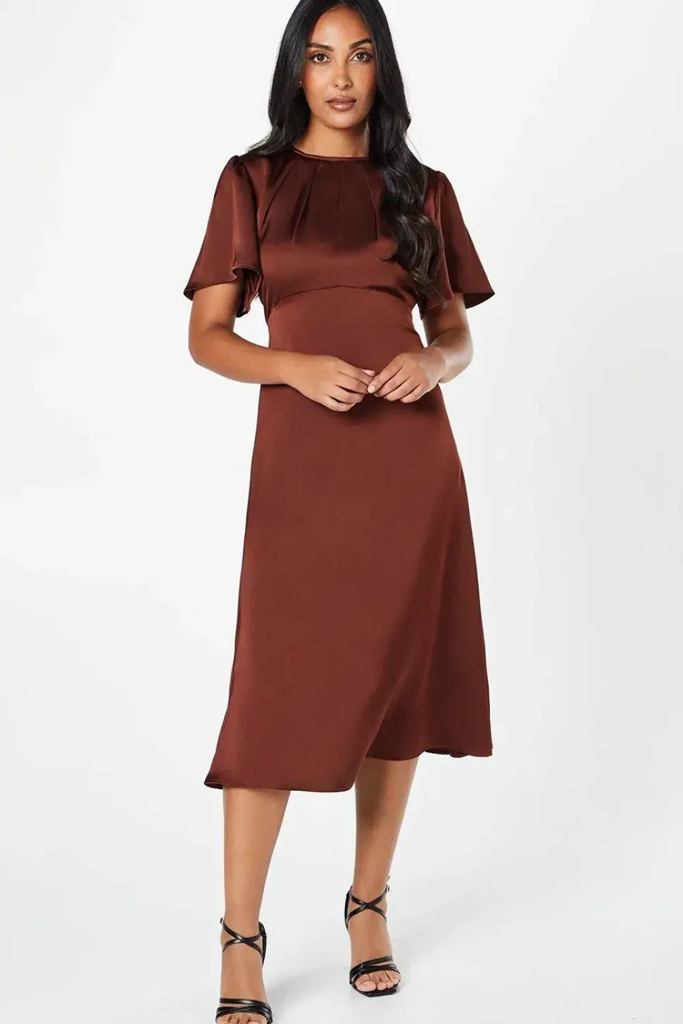Petite Satin Ruffle Sleeve Midi Dress