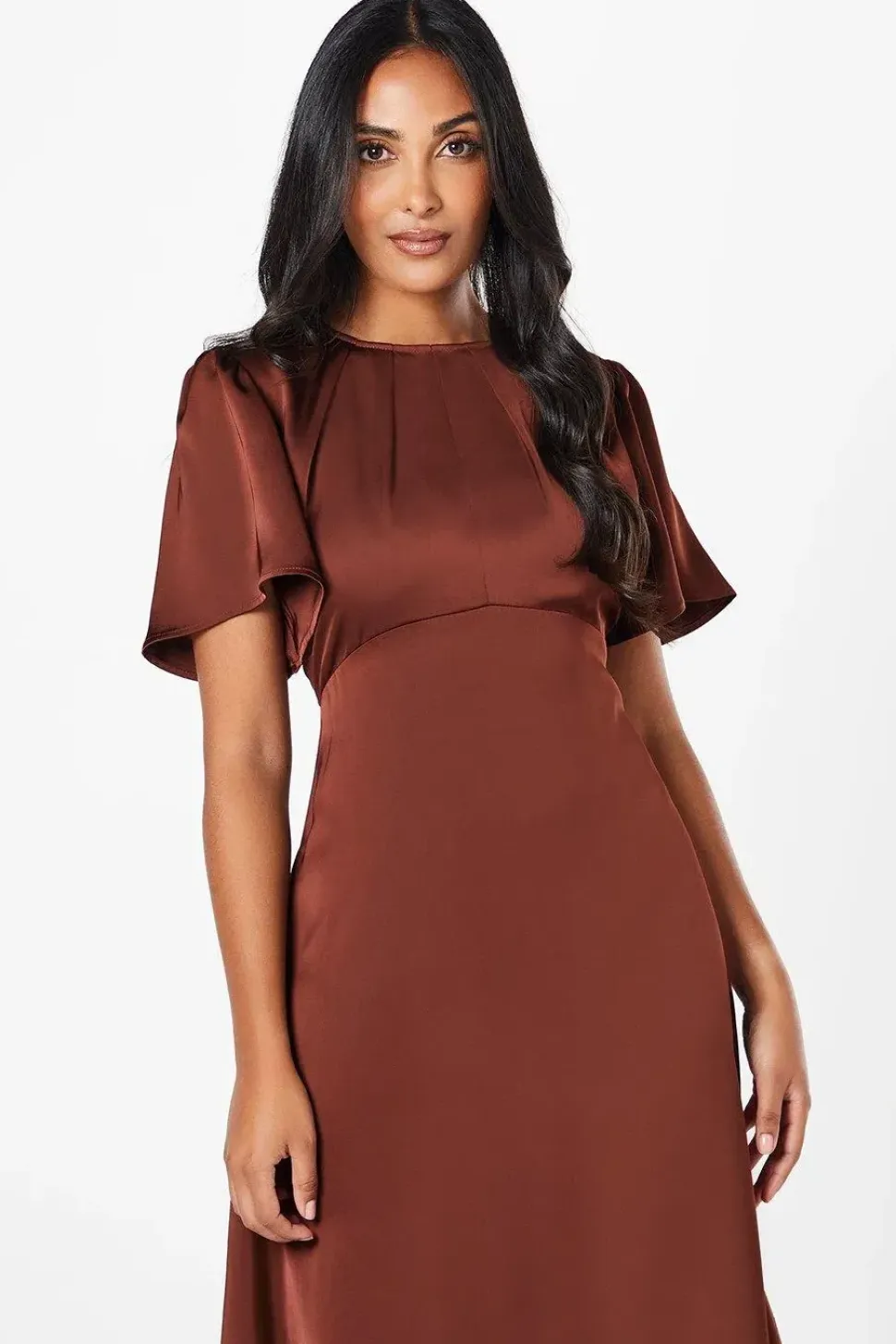 Petite Satin Ruffle Sleeve Midi Dress