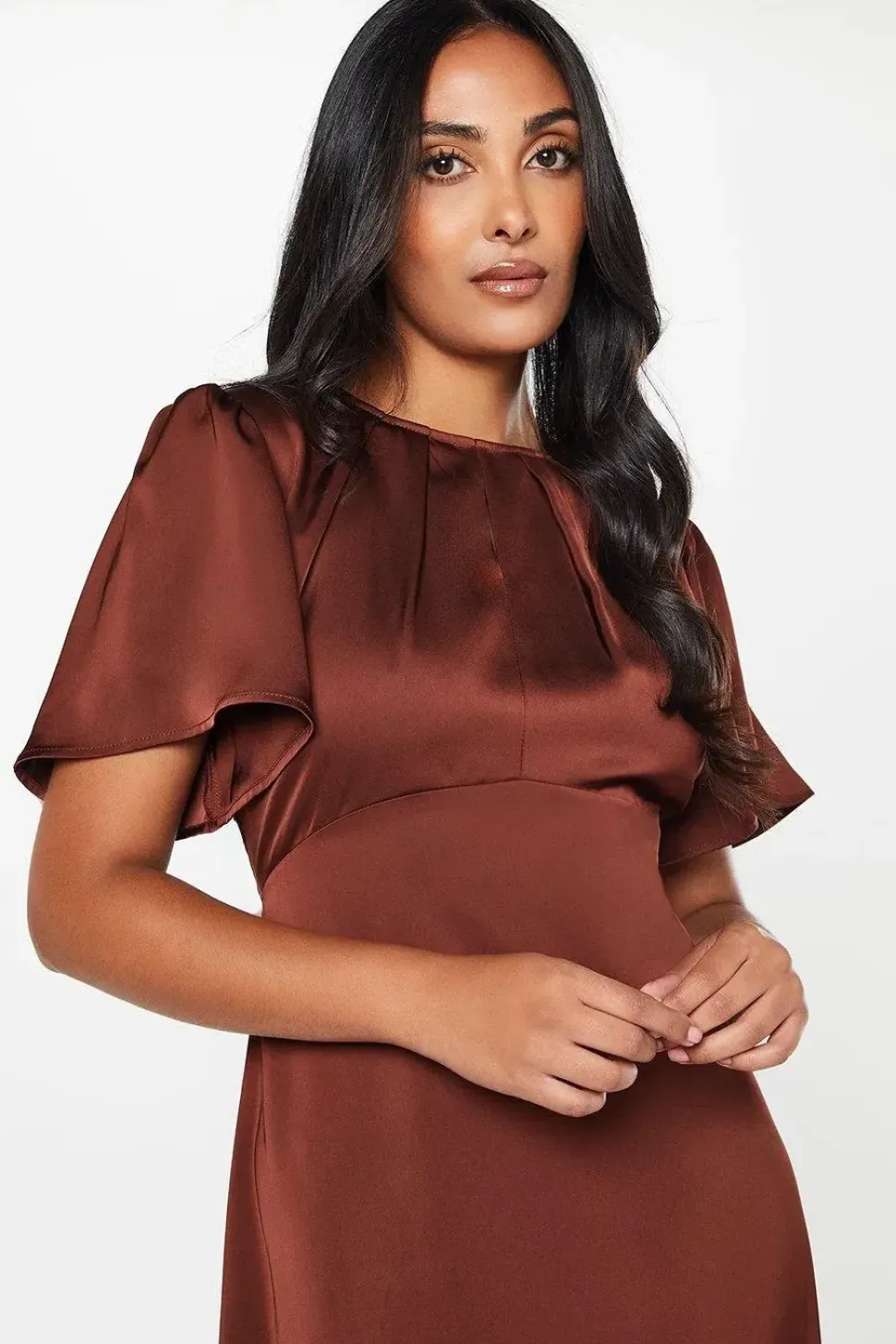Petite Satin Ruffle Sleeve Midi Dress