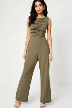 Petite Scuba Crepe Ruched Front Wide Leg Jumpsuit