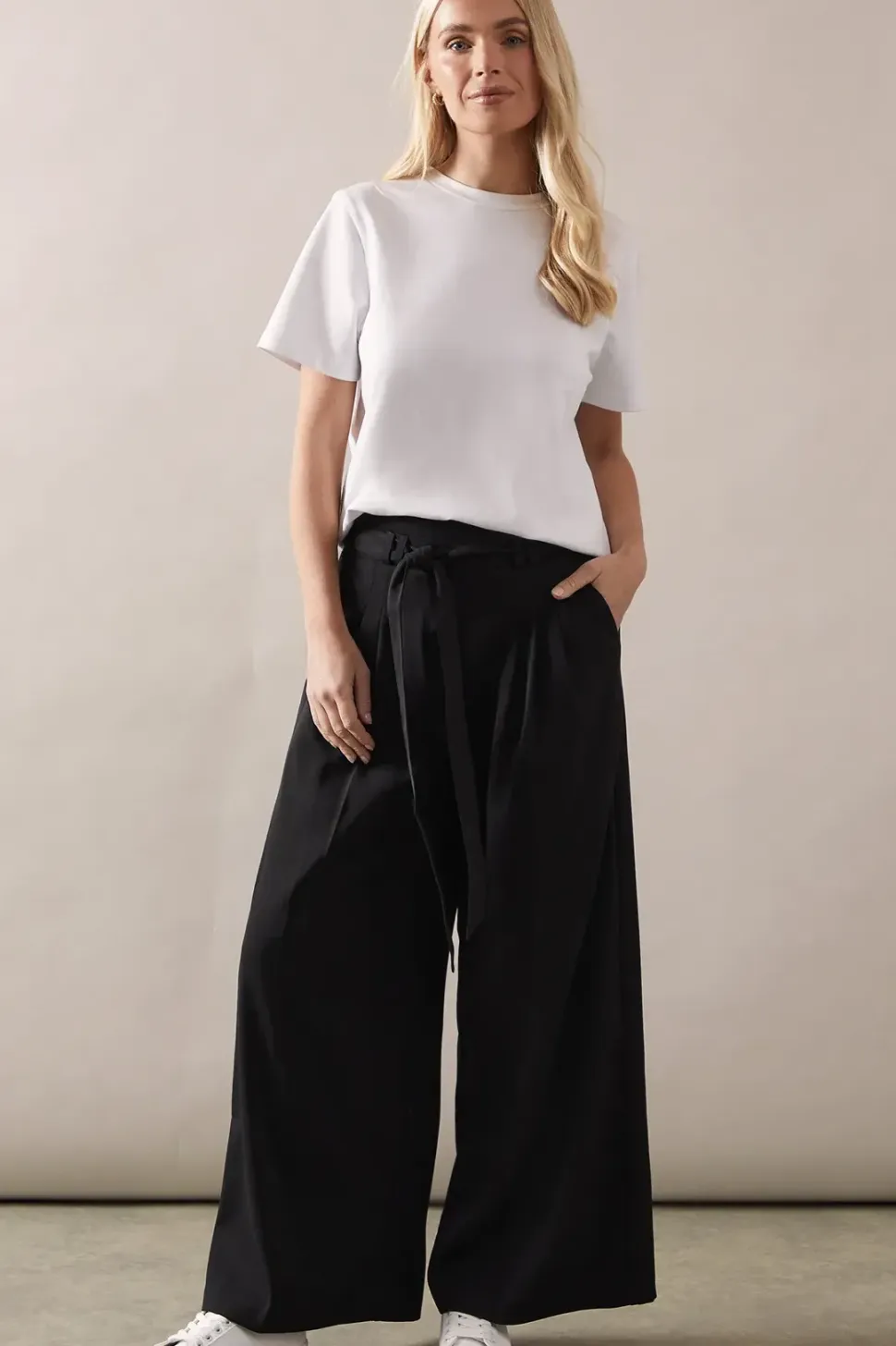 Petite Self Belted Wide Leg Trouser