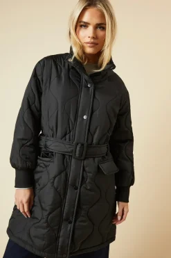Petite Self Covered Button Quilted Padded Puffer Midi Coat