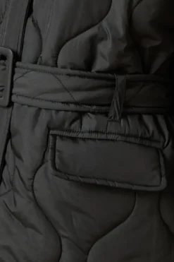 Petite Self Covered Button Quilted Padded Puffer Midi Coat