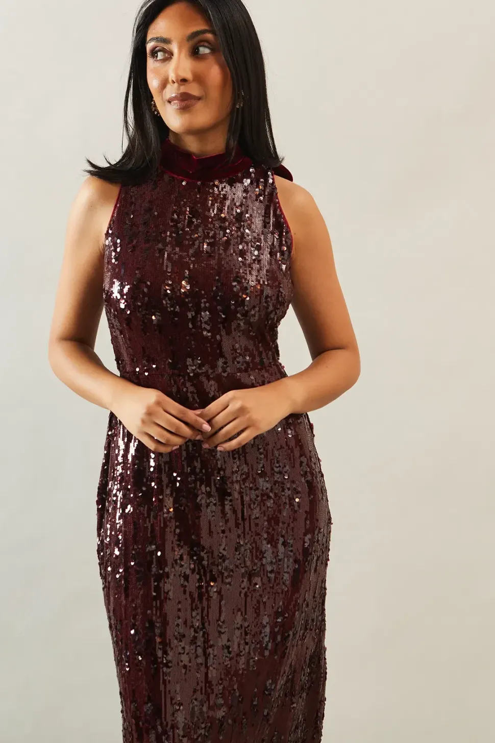 Petite Sequin High Neck Sleeveless Midi Dress