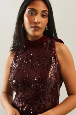 Petite Sequin High Neck Sleeveless Midi Dress