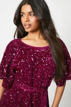 Petite Sequin Puff Sleeve Belted Midi Dress