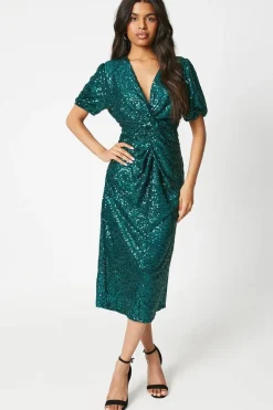 Petite Sequin Puff Sleeve Twist Midi Dress