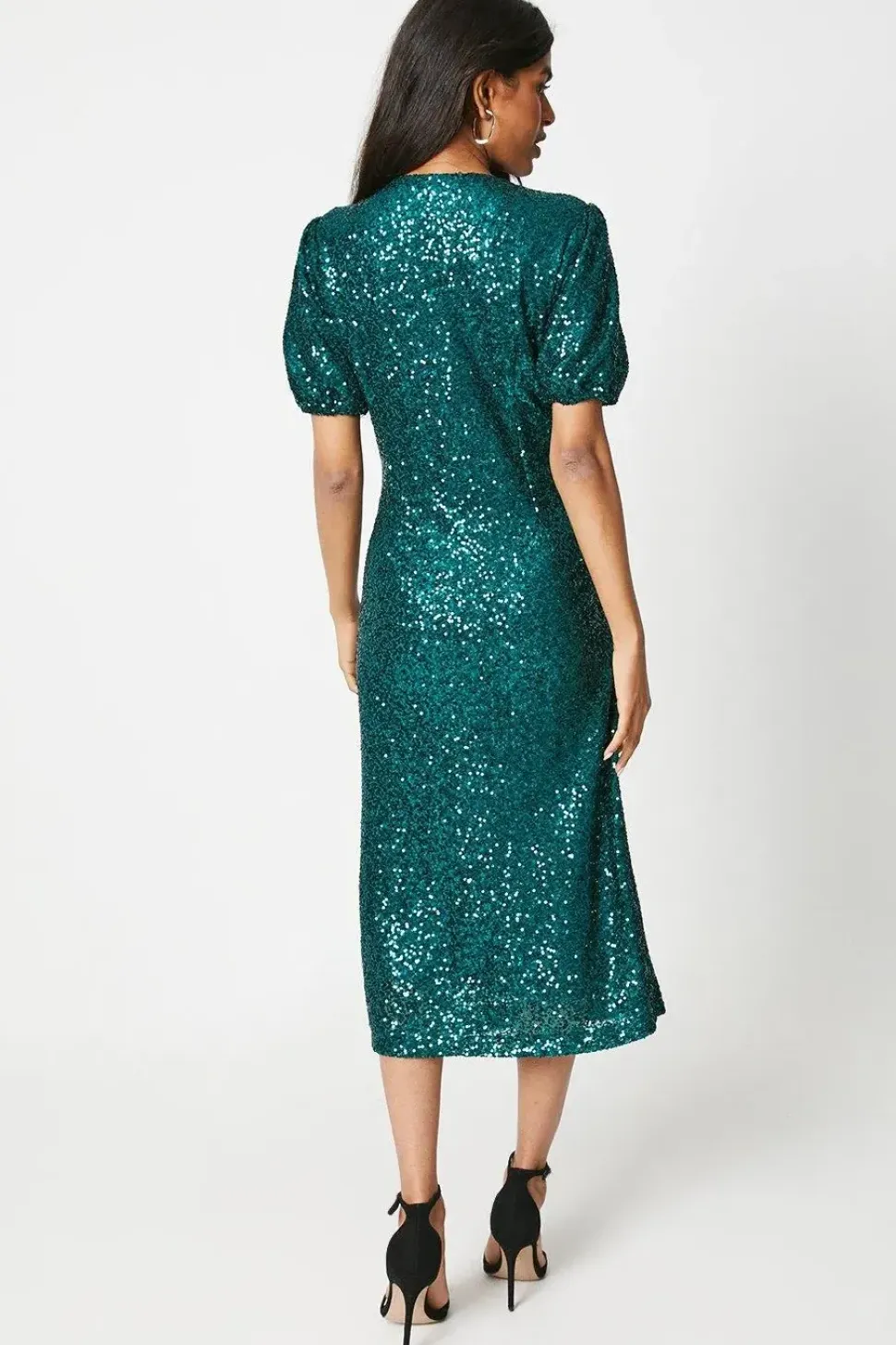 Petite Sequin Puff Sleeve Twist Midi Dress