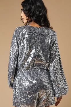 Petite Sequin Stripe Wrap Playsuit