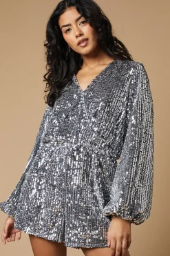 Petite Sequin Stripe Wrap Playsuit