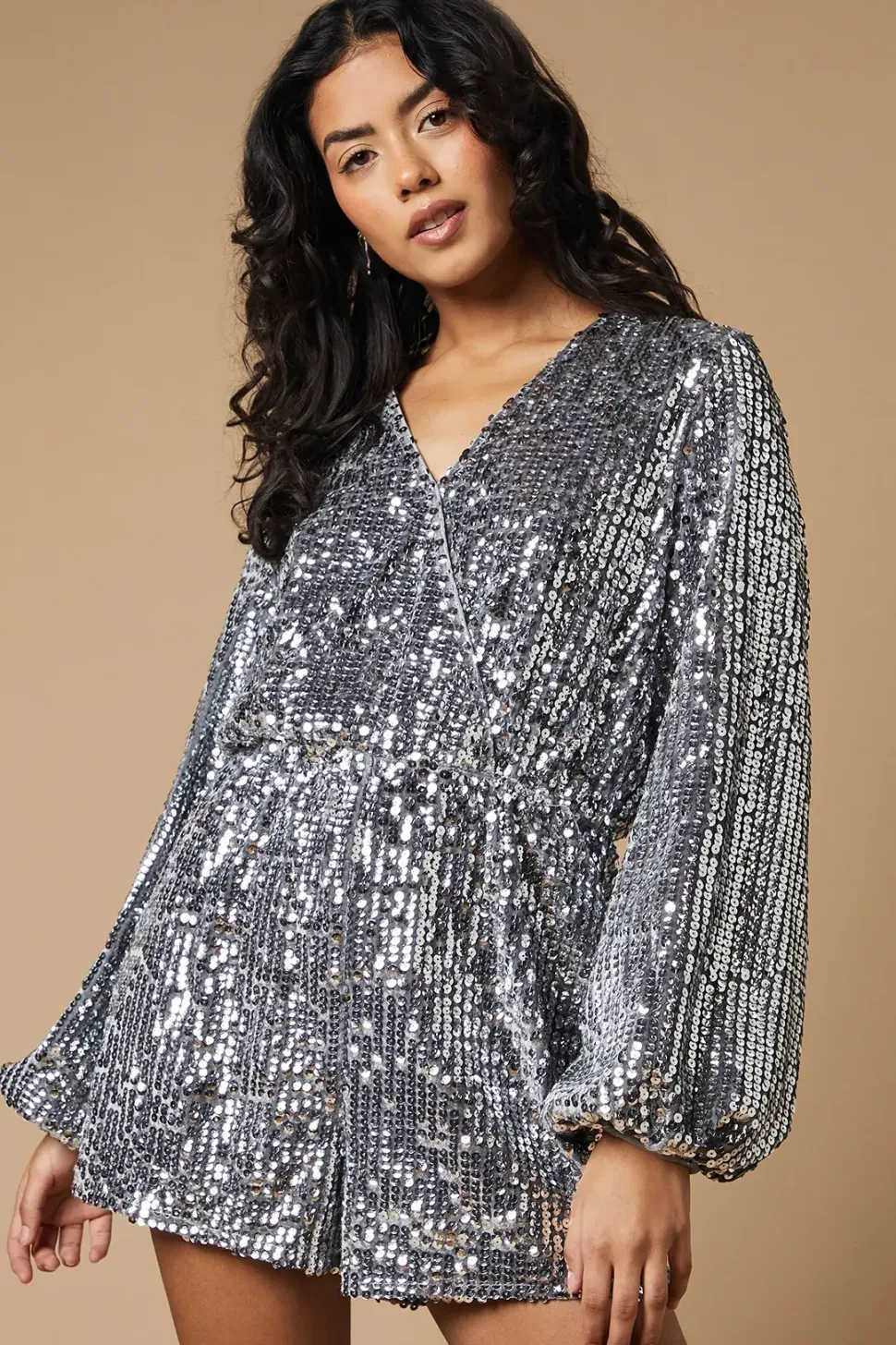 Petite Sequin Stripe Wrap Playsuit
