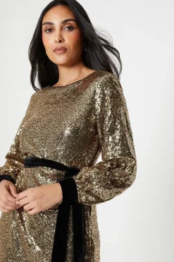 Petite Sequin Velvet Tie Midi Dress