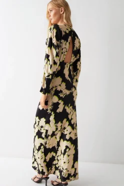 Petite Shadow Floral Print Premium Satin Batwing Dress