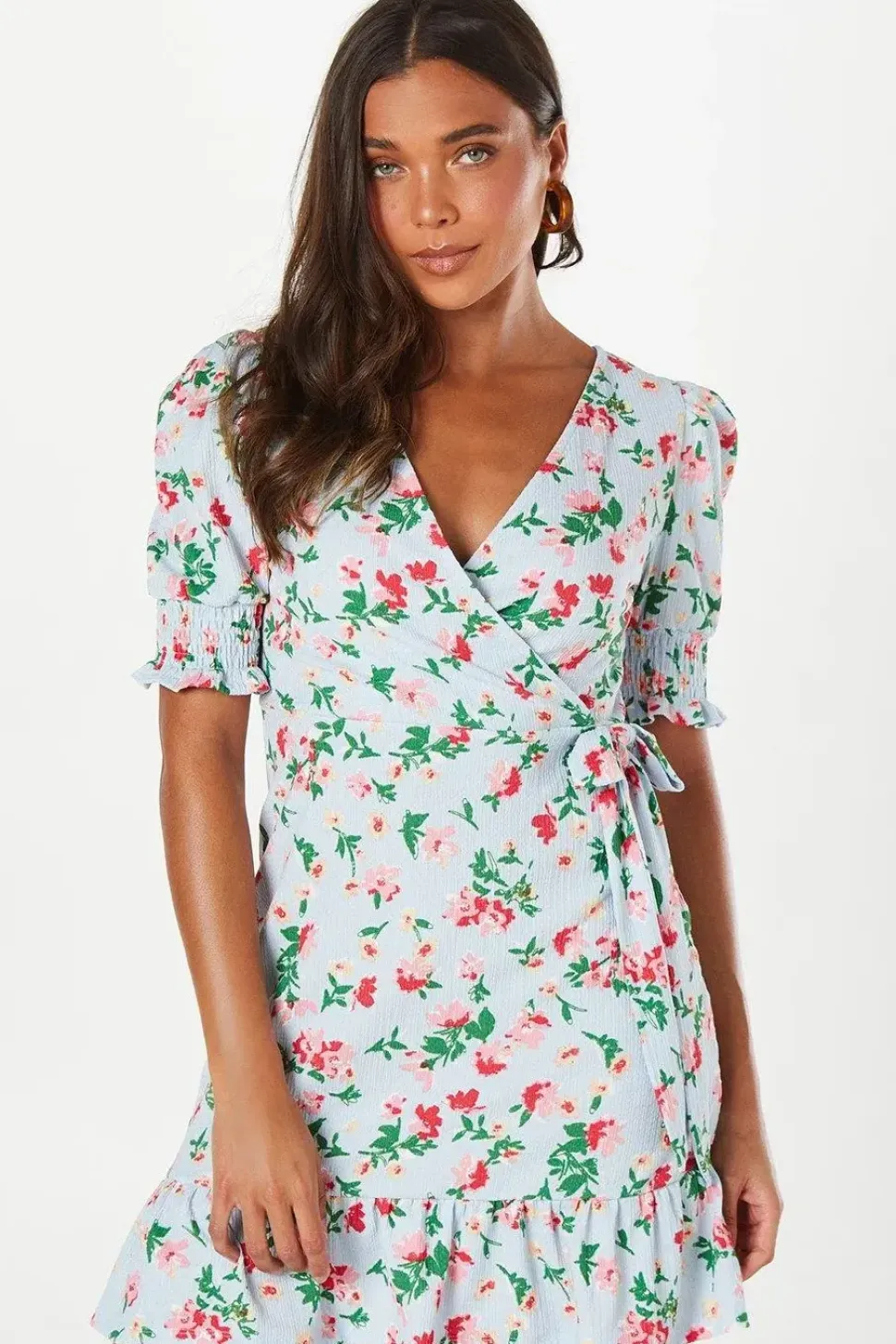 Petite Shirred Cuff Wrap Detail Mini Dress