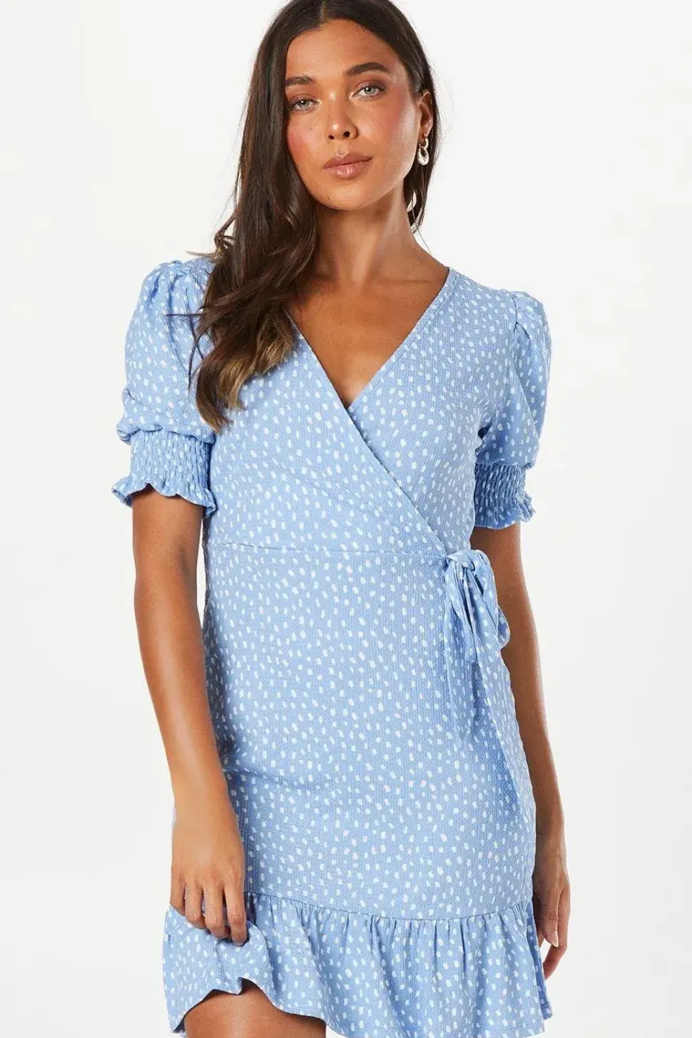 Petite Shirred Cuff Wrap Detail Mini Dress