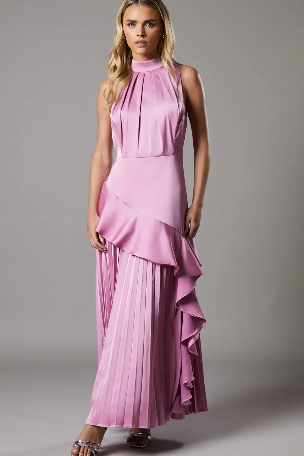 Petite Sleeveless Ruffle Pleat Satin Back Crepe Dress
