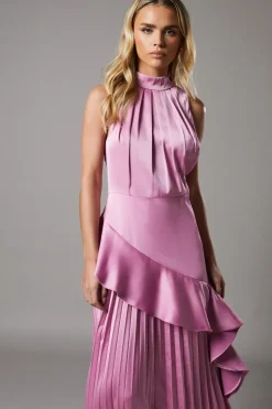 Petite Sleeveless Ruffle Pleat Satin Back Crepe Dress