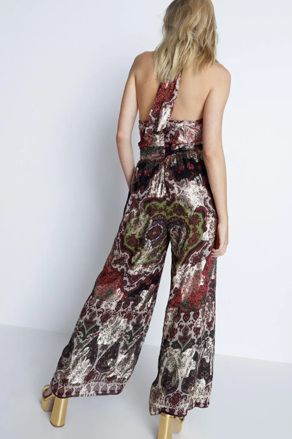 Petite Sparkle Border Print Halter Neck Jumpsuit