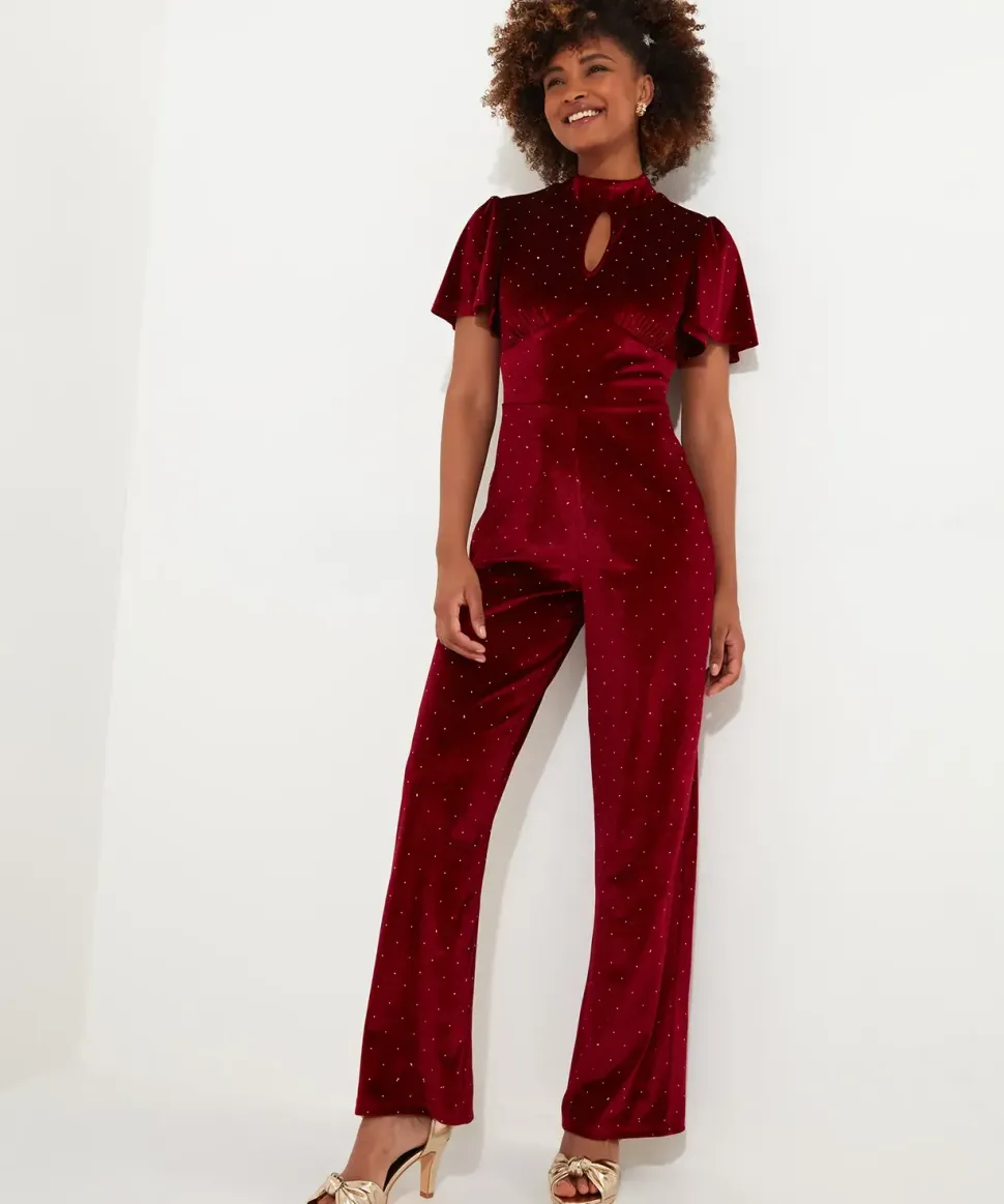 Petite Sparkle Velour Flutter Sleeve Wide Leg Jumpsuit