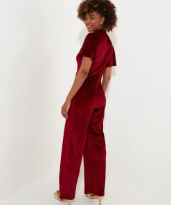 Petite Sparkle Velour Flutter Sleeve Wide Leg Jumpsuit