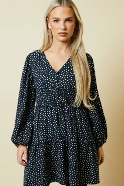 Petite Spot Button Front Tiered Long Sleeve Mini Dress