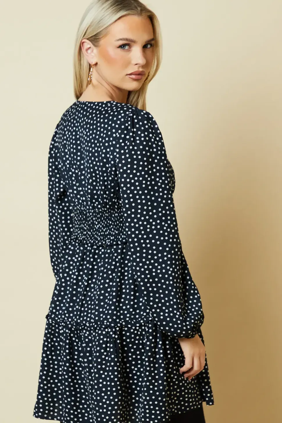 Petite Spot Button Front Tiered Long Sleeve Mini Dress
