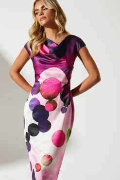 Petite Spot Print Cowl Neck Midi Wedding Guest Dress In Satin