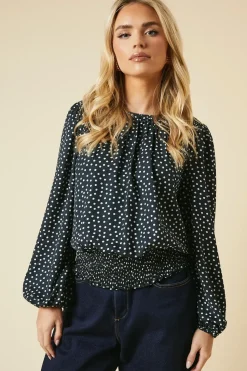 Petite Spot Shoulder Detail Shirred Hem Blouse