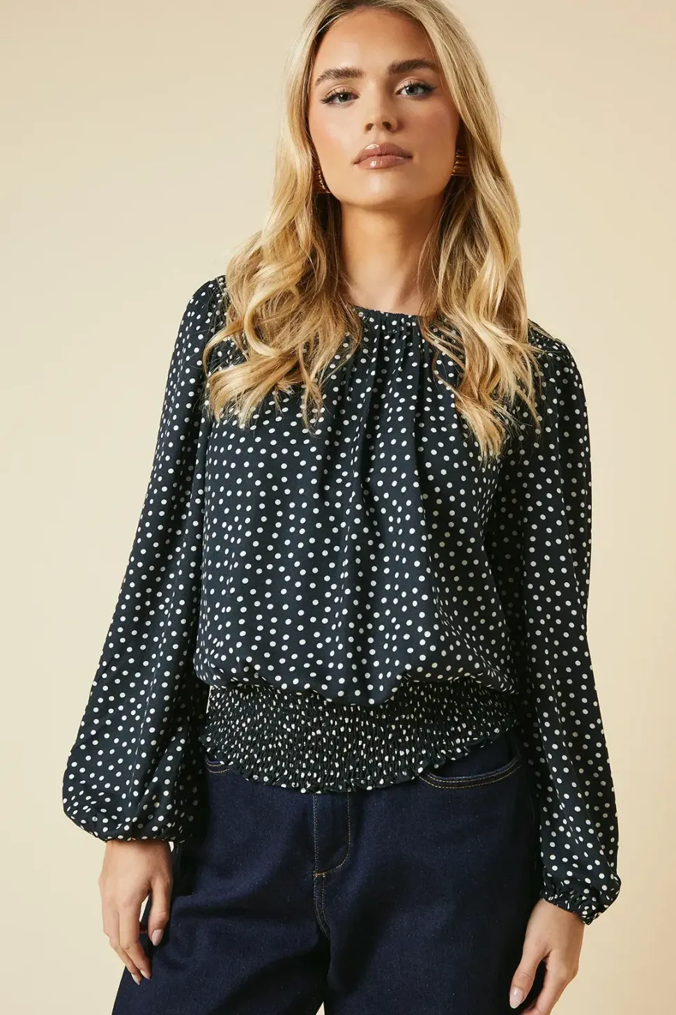 Petite Spot Shoulder Detail Shirred Hem Blouse