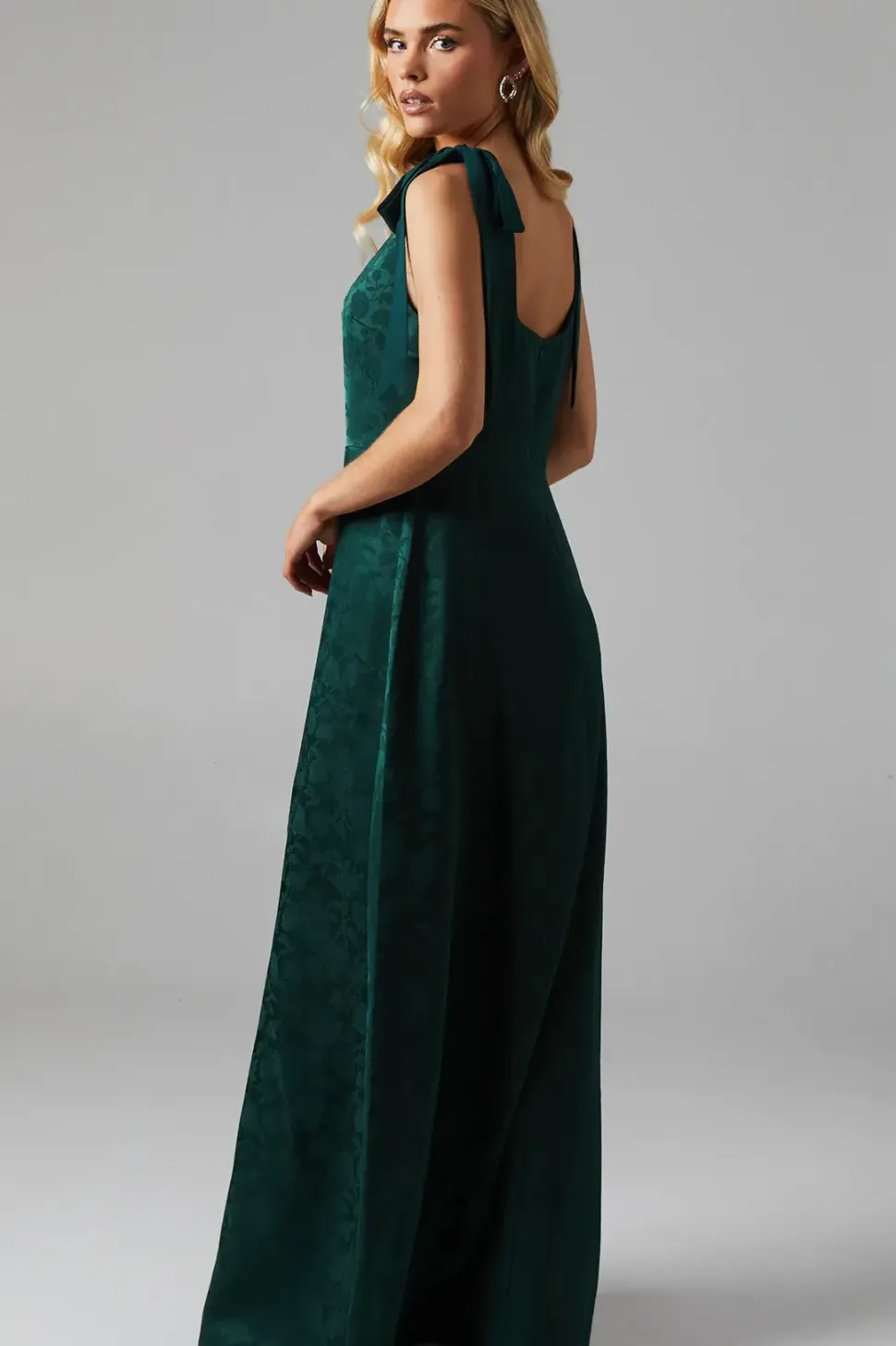 Petite Square Neck Chiffon Tie Shoulder Satin Jacquard Bridesmaids Dress