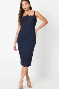 Petite Square Neck Lace Detail Crepe Pencil Dress