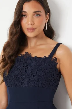 Petite Square Neck Lace Detail Crepe Pencil Dress