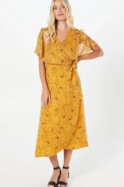 Petite Stencil Floral Cape Sleeve Wrap Dress