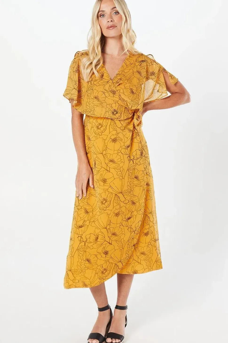 Petite Stencil Floral Cape Sleeve Wrap Dress
