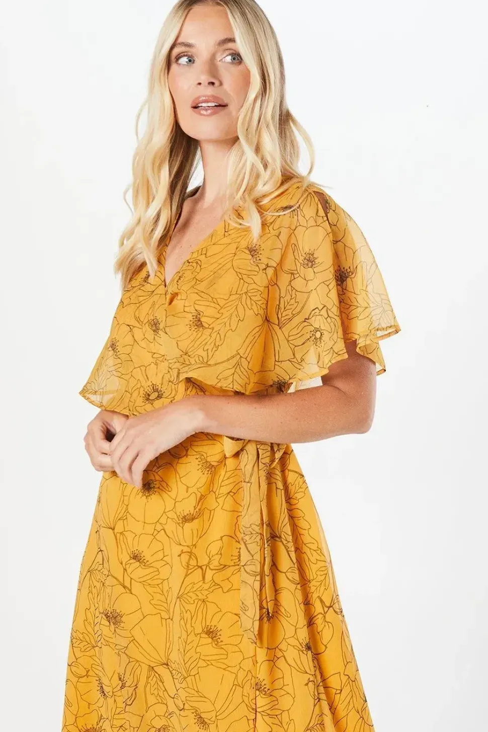 Petite Stencil Floral Cape Sleeve Wrap Dress