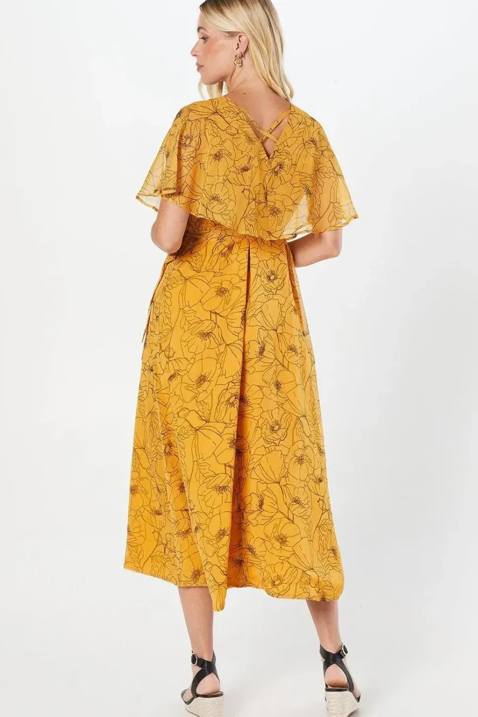 Petite Stencil Floral Cape Sleeve Wrap Dress
