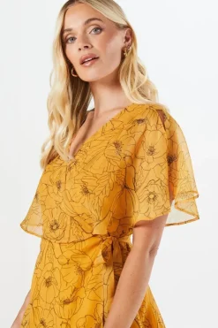 Petite Stencil Floral Cape Sleeve Wrap Dress