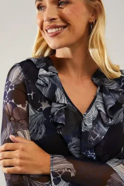 Petite Stencil Floral Ruffle Detail Blouse