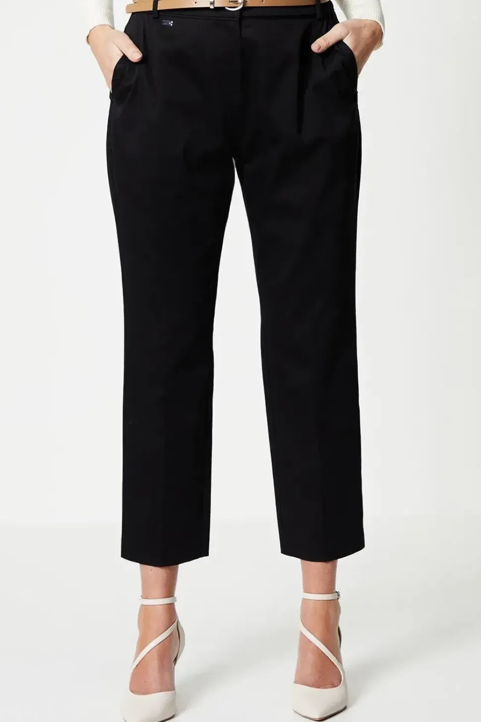 Petite Stretch Cigarette Belted Trousers