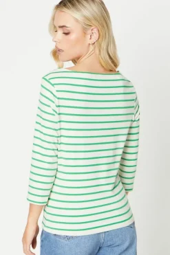 Petite Stripe Asymmetric Neck ¾ Sleeve Jersey Top