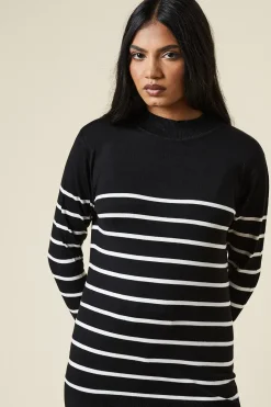 Petite Stripe Funnel Neck Button Cuff Longline Jumper