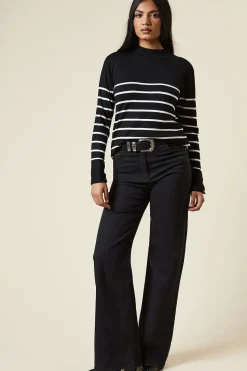 Petite Stripe Funnel Neck Button Cuff Longline Jumper