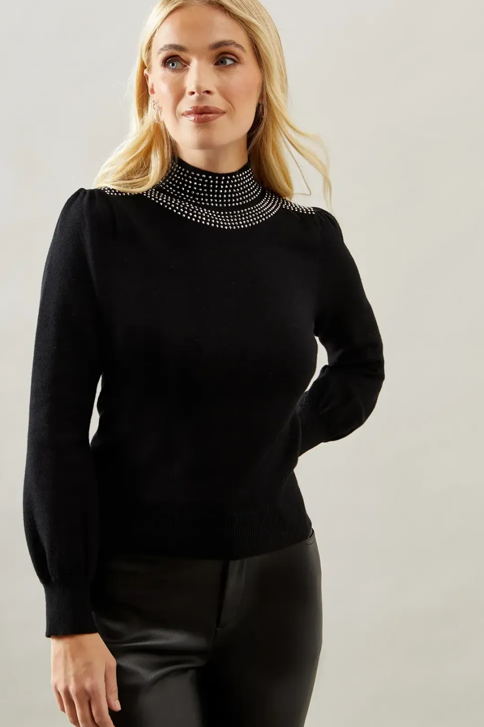 Petite Studded Neckline Balloon Sleeve Knitted Top