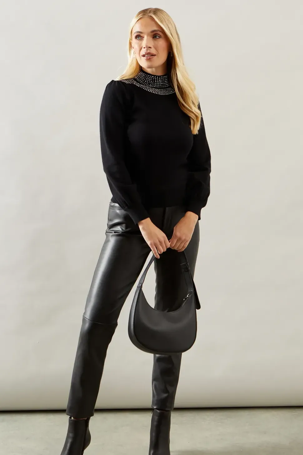 Petite Studded Neckline Balloon Sleeve Knitted Top