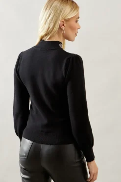 Petite Studded Neckline Balloon Sleeve Knitted Top