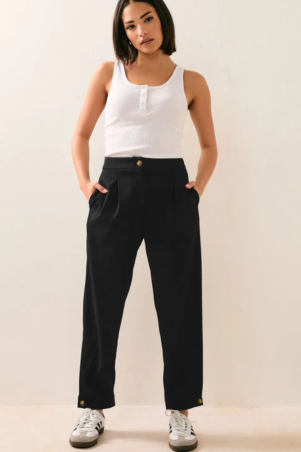 Petite Tailored Barrel Button Trousers