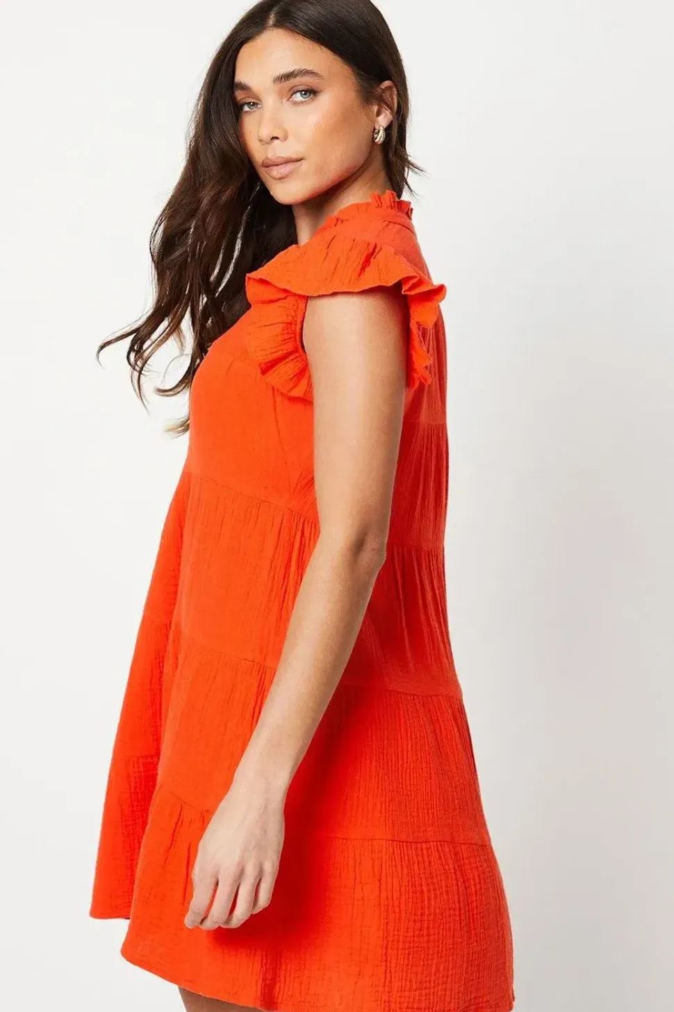 Petite Textured Muslin Frill Sleeve Tiered Mini Dress