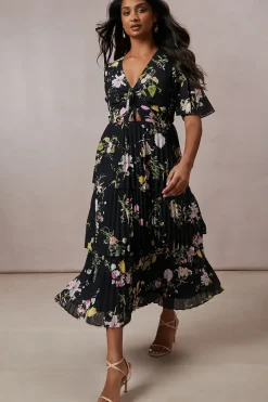 Petite Tie Front Pleated Tiered Midi Dress