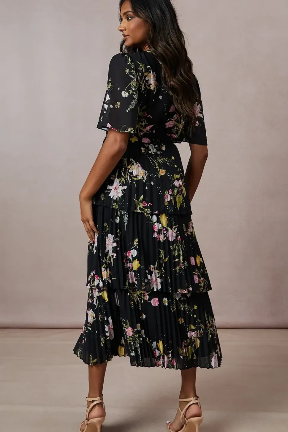 Petite Tie Front Pleated Tiered Midi Dress