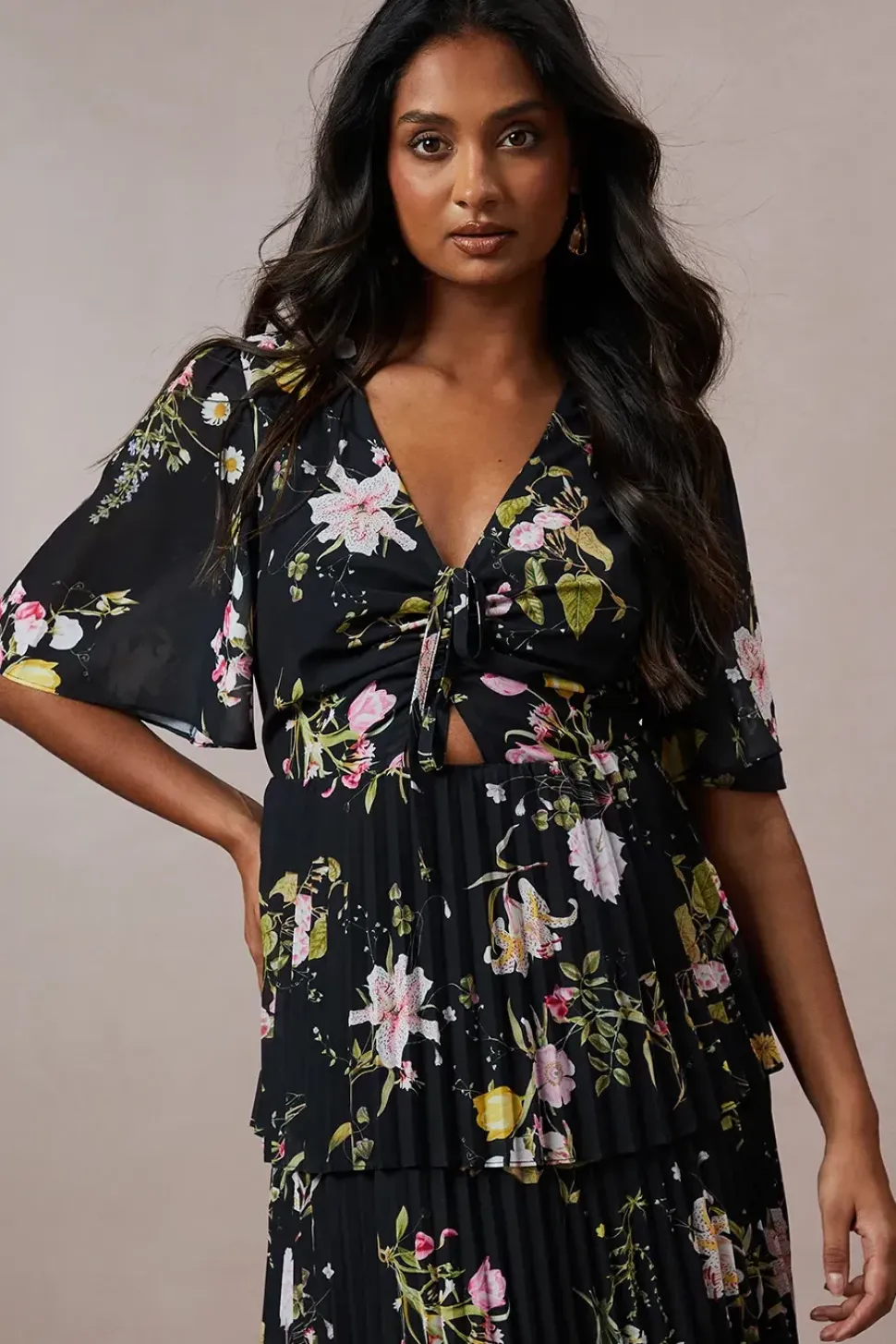 Petite Tie Front Pleated Tiered Midi Dress